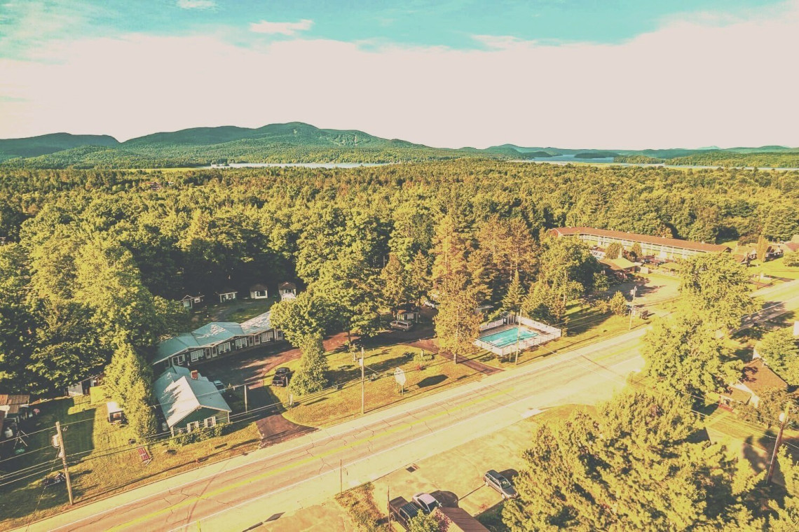 Aerial view of The Dax Motel & Cabins in the Adirondacks
